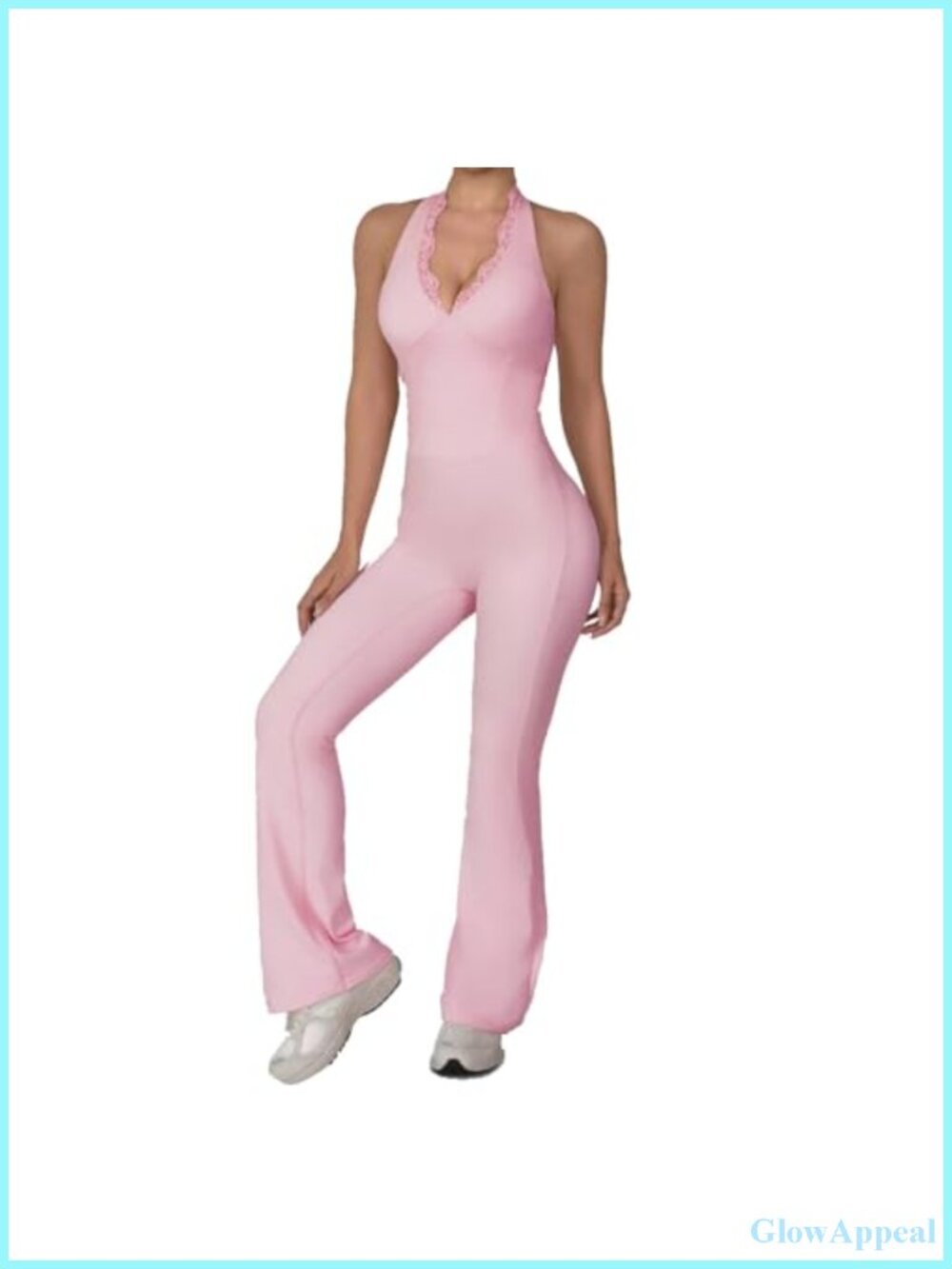 Women Workout Scrunch Flare Jumpsuit with Halter Neck - High Stretch Nylon